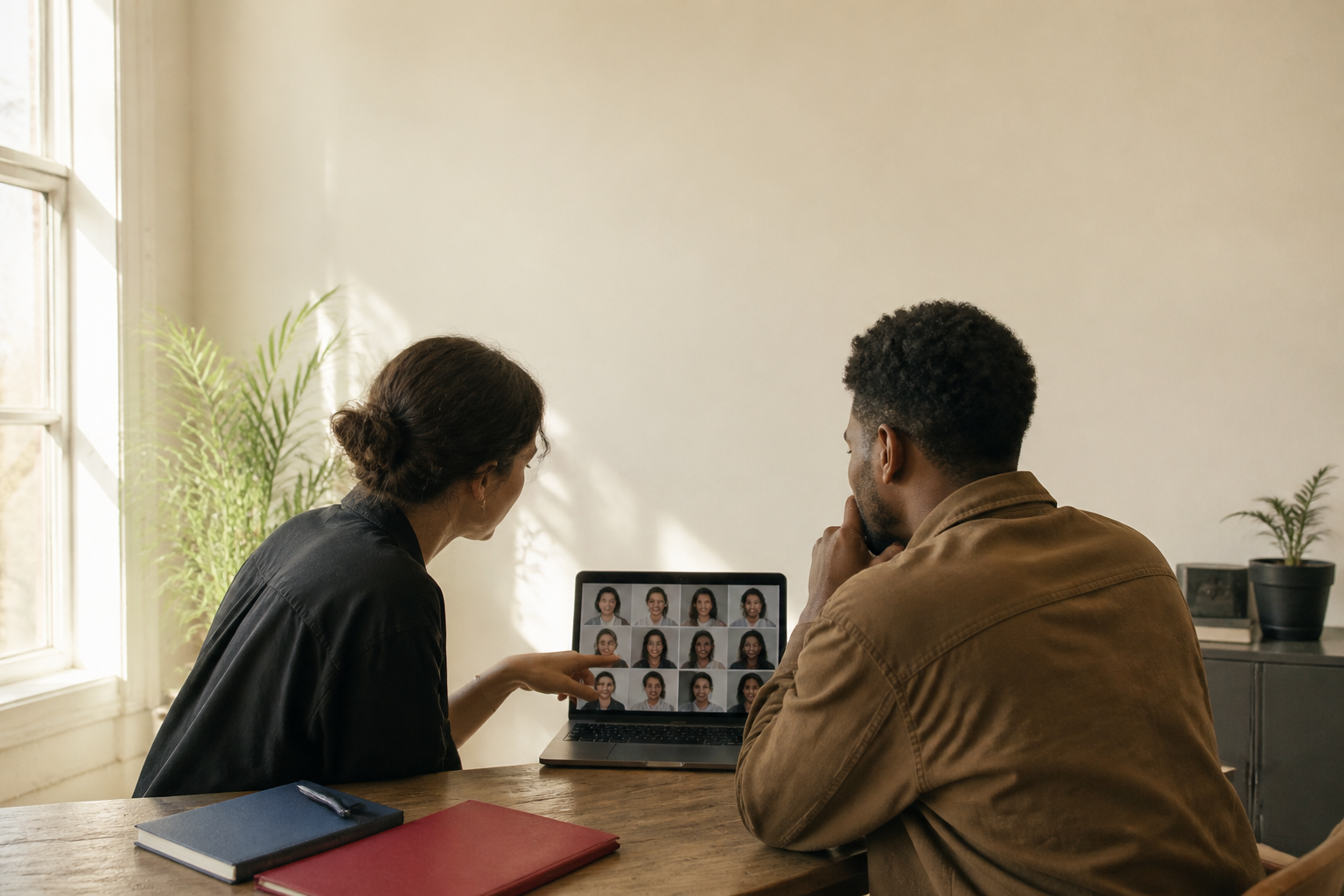 Industry members reviewing talent submissions together in a casting room.